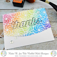 Charger l'image dans la galerie, The Rabbit Hole Designs - 6x6 Stencil - Candy Twist. The Rabbit Hole Designs is proud to bring you our Made in the U.S.A 6x6 Stencils that will soon become an essential in your paper crafting and mixed media projects. You can paint, spray, mist, spritz, airbrush, sponge, doodle, mask, and so more! Available at Embellish Away located in Bowmanville Ontario Canada. Card design by Katie B.