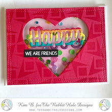 Charger l'image dans la galerie, The Rabbit Hole Designs - Die Set - Happy - Scripty Word with Shadow. The Rabbit Hole Designs dies are made of durable 100% steel. Usable in nearly every machine on the market! Use on cardstock, felt, fabric or shrink plastic. You can use wafer thin dies to cut, stencil, emboss and create! Made in the USA. Available at Embellish Away located in Bowmanville Ontario Canada. Card design by Kim B.