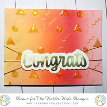 Load image into Gallery viewer, The Rabbit Hole Designs - Scripty Word Hot Foil Plate - Congrats. Create a stunning, letterpress feel to all your projects using our new hot foil dies! Designed to work in any standard hot foil system, be sure to follow the instructions in your manual for a standard hot foil plate. Made in the USA. Coordinates with Congrats - Scripty 3x4 Stamp Set & Congrats - Scripty Word with Shadow Dies. Available at Embellish Away located in Bowmanville Ontario Canada. Card design by Deanna.