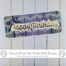 Load image into Gallery viewer, The Rabbit Hole Designs - Scripty Word Hot Foil Plate - Happy. Create a stunning, letterpress feel to all your projects using our new hot foil dies! Designed to work in any standard hot foil system, be sure to follow the instructions in your manual for a standard hot foil plate. Made in the USA. Coordinates with Happy - Scripty 3x4 Stamp Set & Happy - Scripty Word with Shadow Dies. Available at Embellish Away located in Bowmanville Ontario Canada. Card design by Vanessa B.