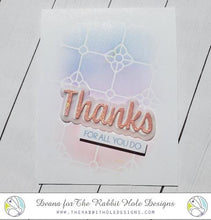 Load image into Gallery viewer, The Rabbit Hole Designs - Stamp Set - Thanks - Scripty - 3x4. Deeply etched, clear photopolymer stamps for precise placement. The word Congrats is sized so that it may be stamped onto the shadow layer from the coordinating dies (sold separately). Made in USA. Coordinates with Thanks - Scripty Word with Shadow Layer Dies. Available at Embellish Away located in Bowmanville Ontario Canada. Card by Deana.