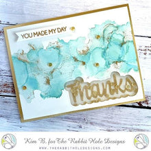 Load image into Gallery viewer, The Rabbit Hole Designs - Stamp Set - Thanks - Scripty - 3x4. Deeply etched, clear photopolymer stamps for precise placement. The word Congrats is sized so that it may be stamped onto the shadow layer from the coordinating dies (sold separately). Made in USA. Coordinates with Thanks - Scripty Word with Shadow Layer Dies. Available at Embellish Away located in Bowmanville Ontario Canada. Card by Kim B.