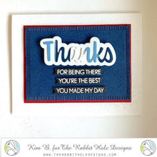 Load image into Gallery viewer, The Rabbit Hole Designs - Stamp Set - Thanks - Scripty - 3x4. Deeply etched, clear photopolymer stamps for precise placement. The word Congrats is sized so that it may be stamped onto the shadow layer from the coordinating dies (sold separately). Made in USA. Coordinates with Thanks - Scripty Word with Shadow Layer Dies. Available at Embellish Away located in Bowmanville Ontario Canada. Card by Kim B.