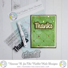 Load image into Gallery viewer, The Rabbit Hole Designs - Stamp Set - Thanks - Scripty - 3x4. Deeply etched, clear photopolymer stamps for precise placement. The word Congrats is sized so that it may be stamped onto the shadow layer from the coordinating dies (sold separately). Made in USA. Coordinates with Thanks - Scripty Word with Shadow Layer Dies. Available at Embellish Away located in Bowmanville Ontario Canada. Card by Vanessa B.