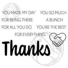 Load image into Gallery viewer, The Rabbit Hole Designs - Stamp Set - Thanks - Scripty - 3x4. Deeply etched, clear photopolymer stamps for precise placement. The word Congrats is sized so that it may be stamped onto the shadow layer from the coordinating dies (sold separately). Made in USA. Coordinates with Thanks - Scripty Word with Shadow Layer Dies. Available at Embellish Away located in Bowmanville Ontario Canada.