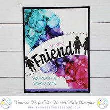 Load image into Gallery viewer, The Rabbit Hole Designs - Stamps - Friend. Deeply etched, clear photopolymer stamps for precise placement. The word Friend is sized so that it may be stamped onto the shadow layer from the coordinating dies (sold separately). Made in USA. Coordinates with Friend - Scripty Word with Shadow Dies & Friend - Scripty Word Hot Foil Plate. Available at Embellish Away located in Bowmanville Ontario Canada. example by Vanessa B.
