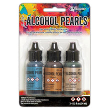Load image into Gallery viewer, Tim Holtz - Alcohol Ink Pearls Kits - 3 per Pack - Select from Drop Down. Each Kit sold separately. Tim Holtz Alcohol Pearls are permanent, fast drying, pigment and dye inks formulated to create pearlescent colorful effects. Ideal for use on Alcohol Ink Yupo, as well as Alcohol Ink Cardstock, Foil Cardstock, Glossy Paper, and more. Apply Alcohol Pearls to metal, glass, and glazed tiles for limitless creative possibilities. WARNING: Flammable, irritant, vapor harmful.