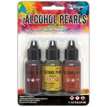 Load image into Gallery viewer, Tim Holtz - Alcohol Ink Pearls Kits - 3 per Pack - Select from Drop Down. Each Kit sold separately. Tim Holtz Alcohol Pearls are permanent, fast drying, pigment and dye inks formulated to create pearlescent colorful effects. Ideal for use on Alcohol Ink Yupo, as well as Alcohol Ink Cardstock, Foil Cardstock, Glossy Paper, and more. Apply Alcohol Pearls to metal, glass, and glazed tiles for limitless creative possibilities. WARNING: Flammable, irritant, vapor harmful.