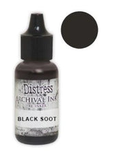Load image into Gallery viewer, Tim Holtz® Re-Inkers can be used to re-ink Distress Archival Ink Pads, which are sold separately. They are Acid Free, Non-Toxic and Fade Resistant. Package contains one Tim Holtz® Distress® Archival Re-Inker, 0.5 ounces. Available in assorted colors, each sold separately. Made in the USA. Available at Embellish Away located in Bowmanville Ontario Canada. Black Soot