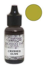 Load image into Gallery viewer, Tim Holtz® Re-Inkers can be used to re-ink Distress Archival Ink Pads, which are sold separately. They are Acid Free, Non-Toxic and Fade Resistant. Package contains one Tim Holtz® Distress® Archival Re-Inker, 0.5 ounces. Available in assorted colors, each sold separately. Made in the USA. Available at Embellish Away located in Bowmanville Ontario Canada. Crushed Olive