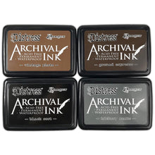 Load image into Gallery viewer, Ranger - Tim Holtz - Distress Archival Ink Pad Stack - Basics. Archival Inks are waterproof, acid-free dye inks featuring classic Distress colors in the same fade resistant formula used in Ranger Archival Ink. Archival Ink Pad Stack features four 2 x 3 inch standard ink pads including Vintage Photo, Ground Espresso, Hickory Smoke, and Black Soot. Available at Embellish Away located in Bowmanville Ontario Canada.