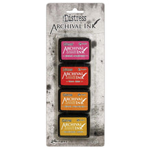 Load image into Gallery viewer, Tim Holtz - Distress Archival Mini Ink Kit. These inks are ideal for various craft and mixed-media projects. This 3.25x8 inch package contains four waterproof, fade resistant ink pads that measure 1.25x1.75 inches each. Conforms to ASTM D4236. Made in the USA. Available at Embellish Away located in Bowmanville Ontario Canada. Colours, Picked Raspberry, Barn Door, Spiced Marmalade, Fossilized Amber