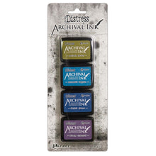Load image into Gallery viewer, Tim Holtz - Distress Archival Mini Ink Kit. These inks are ideal for various craft and mixed-media projects. This 3.25x8 inch package contains four waterproof, fade resistant ink pads that measure 1.25x1.75 inches each. Conforms to ASTM D4236. Made in the USA. Available at Embellish Away located in Bowmanville Ontario Canada. Colours: Peeled Paint, Mermaid lagoon, Faded Jeans, Dusty Concord.