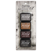 Load image into Gallery viewer, Tim Holtz - Distress Archival Mini Ink Kit. These inks are ideal for various craft and mixed-media projects. This 3.25x8 inch package contains four waterproof, fade resistant ink pads that measure 1.25x1.75 inches each. Conforms to ASTM D4236. Made in the USA. Available at Embellish Away located in Bowmanville Ontario Canada. Colours" Hickory Smoke, Vintage photo, Ground Espresso, Black Soot.