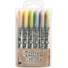 Load image into Gallery viewer, Ranger-Tim Holtz Distress Crayon Set: Set #8. These crayons are formulated to achieve vibrant coloring effects on porous surfaces for mixed media. Ideal for creating brilliant backgrounds, watercoloring, smudge effects and more! This package contains six 5.25 inch long water-reactive pigment crayons in assorted colors. Non-toxic. Conforms to ASTM D4236. Imported. Available at Embellish Away located in Bowmanville Ontario Canada.