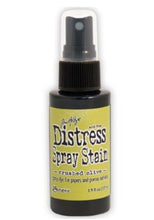 Load image into Gallery viewer, Tim Holtz - Distress Oxide Spray. Creates oxidized effects when sprayed with water. Use for quick and easy ink coverage on porous surfaces. Spray through stencils, layer colors, spritz with water and watch the color mix and blend. Available at Embellish Away located in Bowmanville Ontario Canada. Crushed Olive