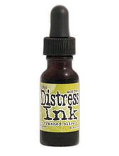 Load image into Gallery viewer, Tim Holtz - Distress Reinker. Create an aged look on papers, fibers, photos and more! This package contains one 0.5oz bottle of distress ink. Acid free. Conforms to ASTM D4236. Comes in a variety of colors. Each sold separately. Available at Embellish Away located in Bowmanville Ontario. Crushed Olive