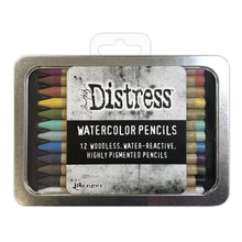 Load image into Gallery viewer, Tim Holtz - Distress Watercolor Pencils 12/Pkg Set 1. These are woodless watercolor pencils formulated to achieve vibrant coloring effects on porous surfaces. Water-reactive pigments are ideal for water coloring, shading, sketching, etc. Available at Embellish Away located in Bowmanville Ontario Canada.