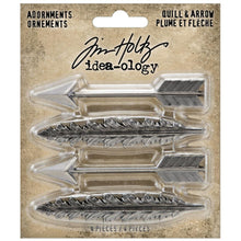 Load image into Gallery viewer, Tim Holtz - Idea-Ology - Metal Adornments - 4/Pkg - Quill & Arrow. The intrigue detailing of the Tim Holtz Quill & Arrow Adornments will enhance your next project. The antiqued metal castings capture timeless styling and provide the perfect decorative element. Available at Embellish Away located in Bowmanville Ontario Canada.