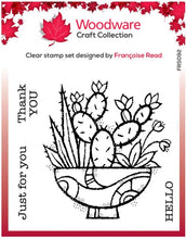 Charger l'image dans la galerie, Woodware - 4"x4" Clear Singles Stamp - Succulent Display. On trend stamp with a pot filled with succulents the pot is calling out to be coloured in hot desert colours. Add a personal touch with your favourite colouring medium and the fun words. Designed by Francoise Read. These stamps would be perfect for cards and scrapbook pages as well as mixed media or fun décor projects. Available at Embellish Away located in Bowmanville Ontario Canada.