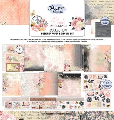3Quarter Designs - 12X12 Collection Pack - Blush Indulgence. Includes 8X 12X12 themed papers + 4X 12X12 patterned papers (Two printed on the back of covers) 6X Offcut Strips with Photo Matts or Elements or Words/2X A4 Diecut Sheets of Elements. Available at Embellish Away located in Bowmanville Ontario Canada.