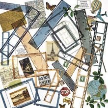 Load image into Gallery viewer, 49 And Market - Acetate Assortment - Wherever. 45 pieces of clear die-cut embellishments. Varying levels of opacity in the assorted pack. The pack contains distressed frames, foliage, transport, icons, filmstrips, butterflies, quotes and postage stamps. Available at Embellish Away located in Bowmanville Ontario Canada.
