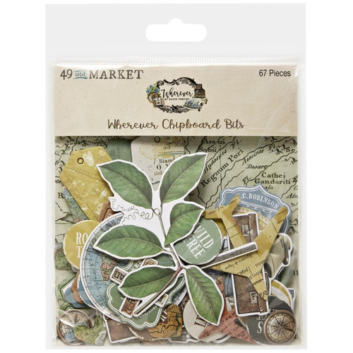 49 And Market - Chipboard Set - Wherever. Includes 67 chipboard pieces that feature the perfect travel elements like hot air balloons, cars, planes, suitcases, tags, foliage, hearts, globes and sentiment circles. Available at Embellish Away located in Bowmanville Ontario Canada.