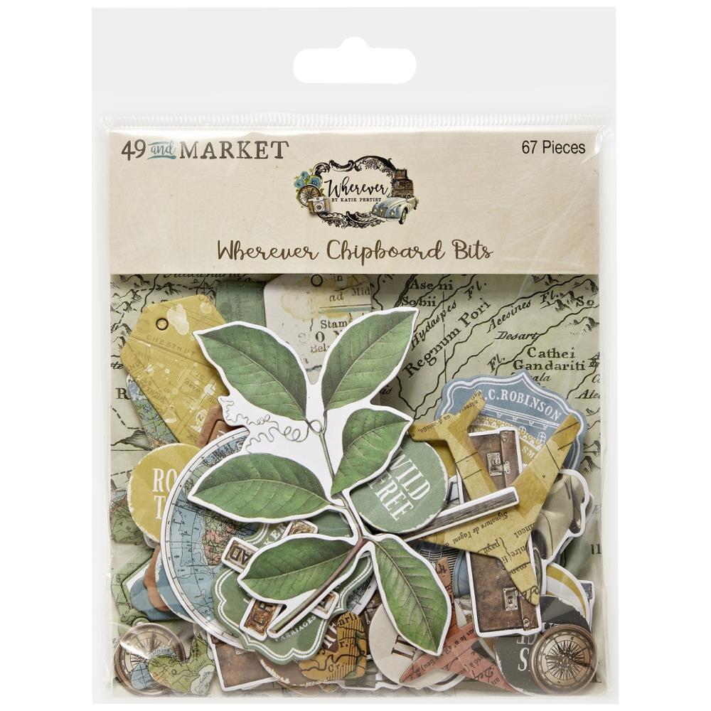 49 And Market - Chipboard Set - Wherever. Includes 67 chipboard pieces that feature the perfect travel elements like hot air balloons, cars, planes, suitcases, tags, foliage, hearts, globes and sentiment circles. Available at Embellish Away located in Bowmanville Ontario Canada.