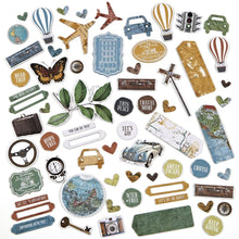 Load image into Gallery viewer, 49 And Market - Chipboard Set - Wherever. Includes 67 chipboard pieces that feature the perfect travel elements like hot air balloons, cars, planes, suitcases, tags, foliage, hearts, globes and sentiment circles. Available at Embellish Away located in Bowmanville Ontario Canada.
