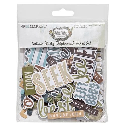 49 And Market - Chipboard Word Set - Nature Study. 65 pieces of thin non-adhesive backed chipboard shapes. This set includes various word titles, word strips and hearts. Available at Embellish Away located in Bowmanville Ontario Canada.