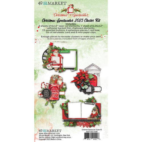 49 And Market - Cluster Kit - Christmas Spectacular 2023. Includes 4 sheets of 6x12 laser cut elements; 1 sheet of 6.25x12 thin chipboard elements; 15 assorted buttons; 4 ephemera pieces;1 red bow; 2m of red elastic cord and 8 mini paper clips. Available at Embellish Away located in Bowmanville Ontario Canada.
