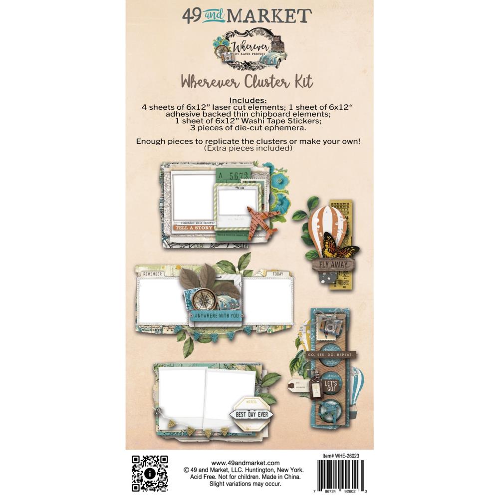 49 And Market - Cluster Kit - Wherever. Get a taste for all of our bits and pieces and how easy they can be mixed together to create amazing starting points for all of your crafting projects. Available at Embellish Away located in Bowmanville Ontario Canada.