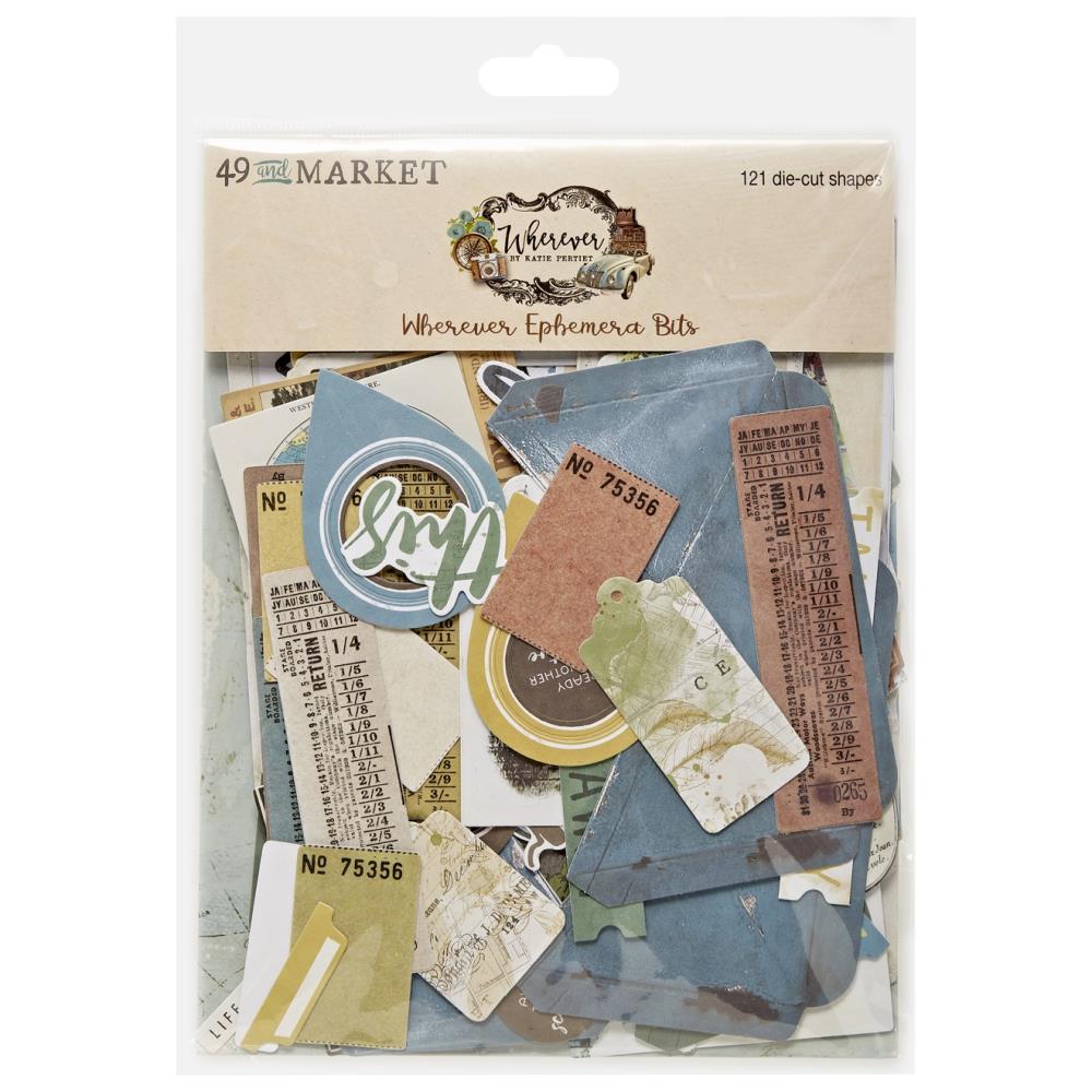 49 And Market - Ephemera Bits - Wherever. Includes 118 individual pieces. These die-cut pieces include frames, tabs, transport, globes, baggage, geo tags, labels, titles, word strips, pockets, globes, tags and journaling pieces. Available at Embellish Away located in Bowmanville Ontario Canada.