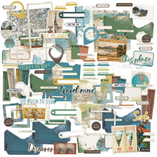 Cargar imagen en el visor de la galería, 49 And Market - Ephemera Bits - Wherever. Includes 118 individual pieces. These die-cut pieces include frames, tabs, transport, globes, baggage, geo tags, labels, titles, word strips, pockets, globes, tags and journaling pieces. Available at Embellish Away located in Bowmanville Ontario Canada.
