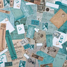 Cargar imagen en el visor de la galería, 49 And Market - Ephemera Stackers - Color Swatch: Teal. These ephemera stackers are an assortment of text weight papers and cardstock pieces and are ideal for layering to create multi dimensional elements on your scrapbooking layouts or in journals. Available at Embellish Away located in Bowmanville Ontario Canada.
