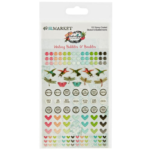 49 And Market - Epoxy Stickers - Wishing Bubble - Kaleidoscope. This pack comes with 137 stickers in an assortment of mini designs including hummingbirds, dragonflies, butterflies, circles, hearts and dots. Available at Embellish Away located in Bowmanville Ontario Canada.