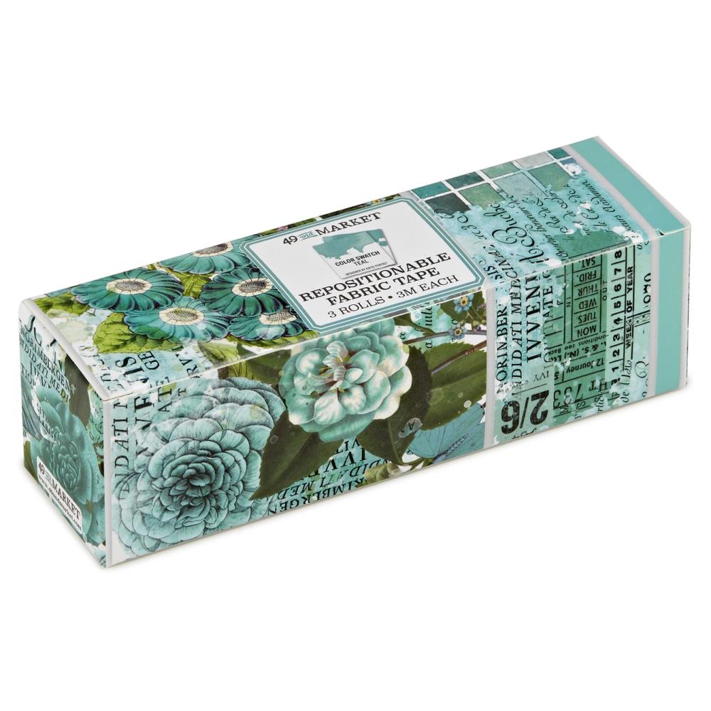 49 And Market - Fabric Tape Assortment - Color Swatch: Teal. 3 Rolls of repositionable fabric tape. Widths included are 100mm, 44mm and 7mm. Each roll is 3m long. Available at Embellish Away located in Bowmanville Ontario Canada.