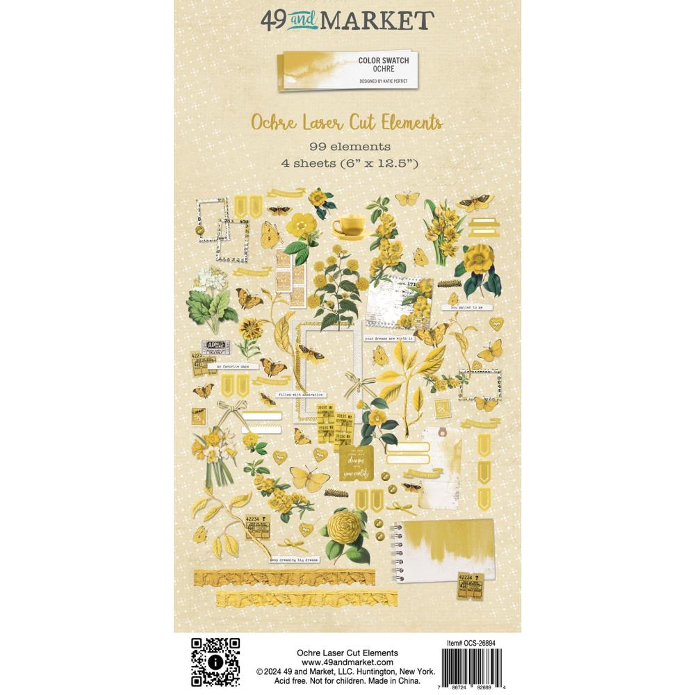 49 And Market - Laser Cut Outs - Elements - Color Swatch: Ochre. There are 99 precision laser cut elements that include butterflies, florals, photo wraps, bows, buttons, tabs and more! Available at Embellish Away located in Bowmanville Ontario Canada.
