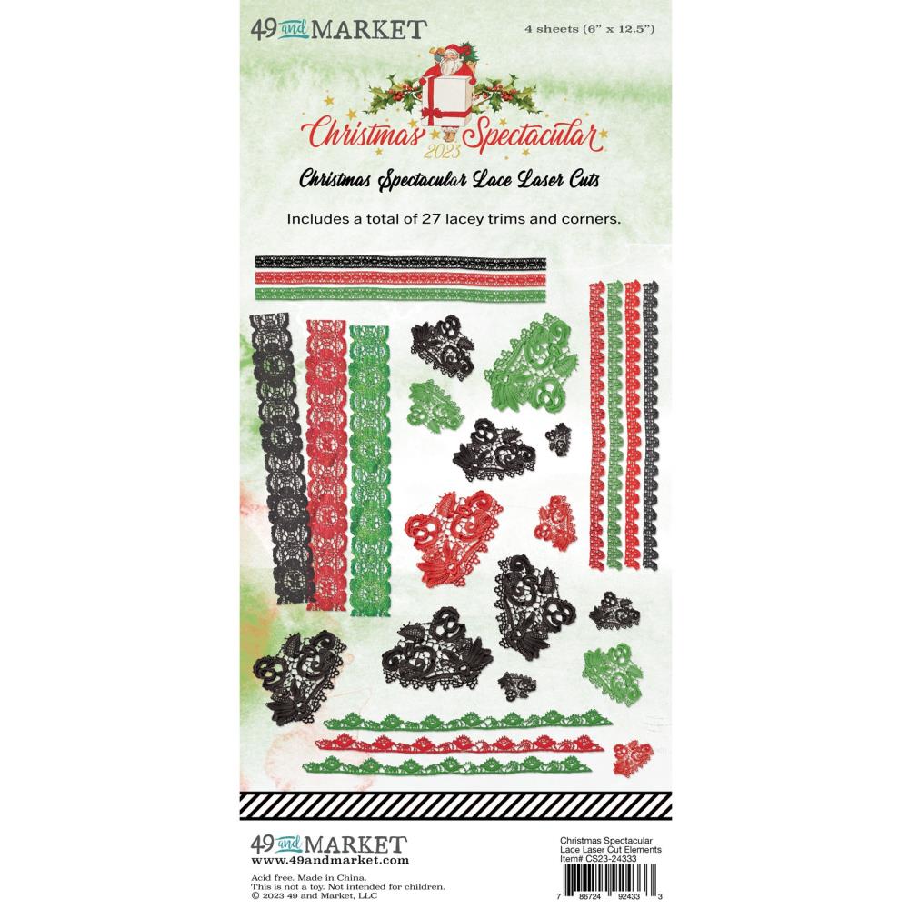 49 And Market - Laser Cut Outs - Lace -Christmas Spectacular 2023. This pack includes a total of 27 pieces. These printed and cut lace strips and pieces are an ideal additional to any project without the bulk. Available at Embellish Away located in Bowmanville Ontario Canada.