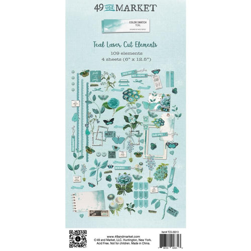 49 And Market - Laser Cut Outs Elements - Color Swatch: Teal. There are 109 elements that include butterflies, florals, photo wraps, bows, buttons, tabs and more! Available at Embellish Away located in Bowmanville Ontario Canada.