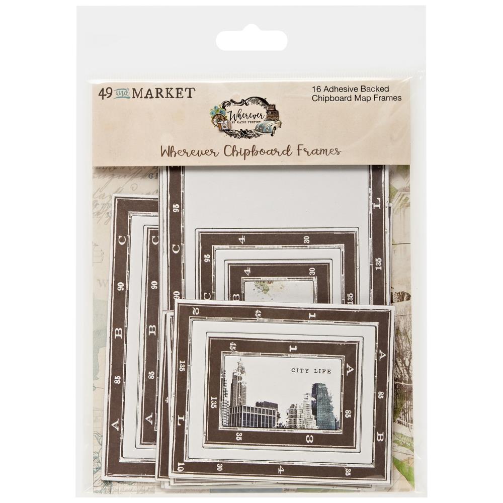 49 And Market - Map  Frames Set - Wherever. You can never have enough frames! This pack of 16 map infused frames is no exception. Available at Embellish Away located in Bowmanville Ontario Canada.