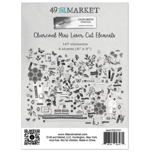 49 And Market - Mini Laser Cut Outs - Color Swatch: Charcoal. 147 smaller elements on 4 sheets. There are precision-cut elements of foliage, florals, butterflies, tabs, borders, bows, frames, buttons, tickets, tags and journaling pieces. Available at Embellish Away located in Bowmanville Ontario Canada.
