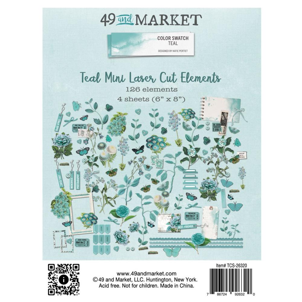 49 And Market - Mini Laser Cut Outs Elements - Color Swatch: Teal. The mini laser cut set includes 126 smaller elements on 4 sheets that measure 6x8 inches sheets. Available at Embellish Away located in Bowmanville Ontario Canada.