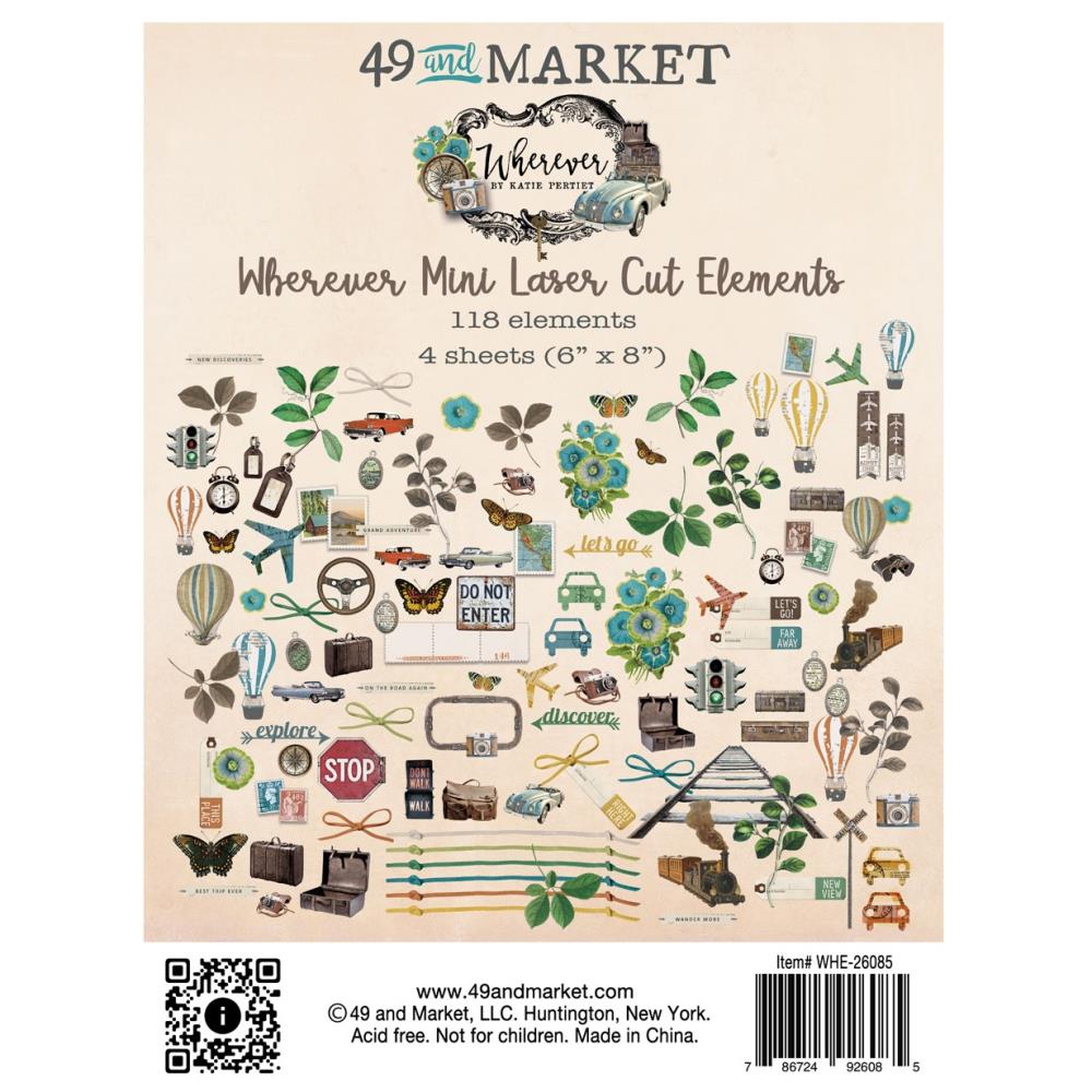 49 And Market - Mini Laser Cut Outs Elements - Wherever - 118 pieces. The elements include foliage, transport, florals, butterflies, borders, bows, postage stamps, baggage, arrows, frames, tags and journaling pieces. Available at Embellish Away located in Bowmanville Ontario Canada.