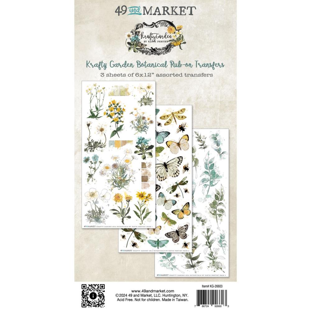 49 And Market - Rub-On - Botanicals - Krafty Garden. An assortment of rub-on transfers which can easily be rubbed on to any part of your project. The vintage florals and butterflies are the perfect addition to any project. Available at Embellish Away located in Bowmanville Ontario Canada.