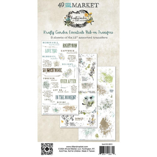 49 And Market - Rub-On - Essentials - Krafty Garden. A huge combination of rub-on transfers which easily rub on in any part of your project. The word art, pencil line artwork, background textures and more are a perfect addition to any project. Available at Embellish Away located in Bowmanville Ontario Canada.