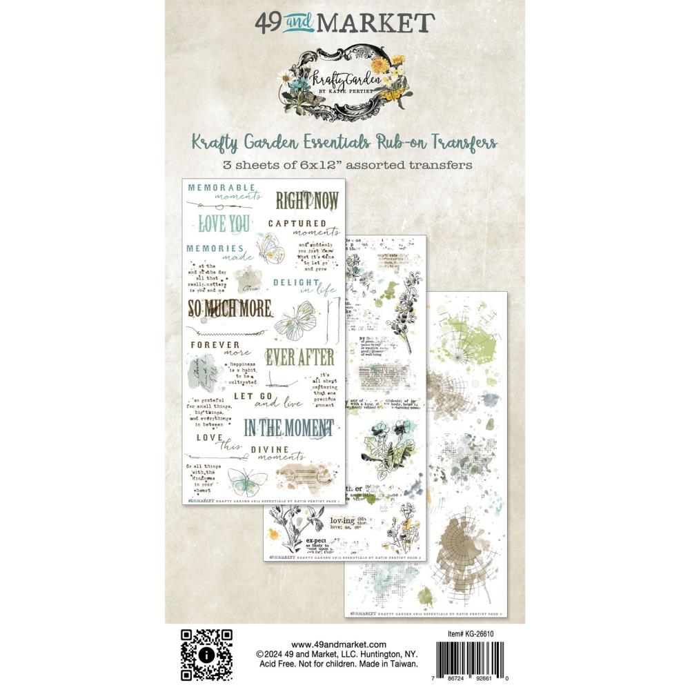 49 And Market - Rub-On - Essentials - Krafty Garden. A huge combination of rub-on transfers which easily rub on in any part of your project. The word art, pencil line artwork, background textures and more are a perfect addition to any project. Available at Embellish Away located in Bowmanville Ontario Canada.