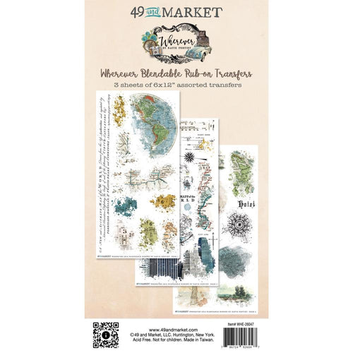 49 And Market - Rub-On Transfer Set - Blendable - Wherever. The unique distressed rub-on transfers included map, buildings, outdoors, newsprint, globe, compass and script designs. The vintage designs are a perfect addition to any project. Available at Embellish Away located in Bowmanville Ontario Canada.