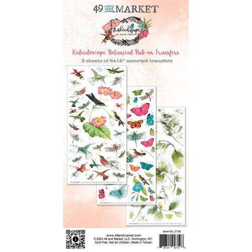 49 And Market - Rub-On Transfer Set - Botanical - Kaleidoscope. The Botanical set is filled with flora and fauna. Beautiful imagery of dragonflies and hummingbirds mixed with botanicals and leaves. Available at Embellish Away located in Bowmanville Ontario Canada.