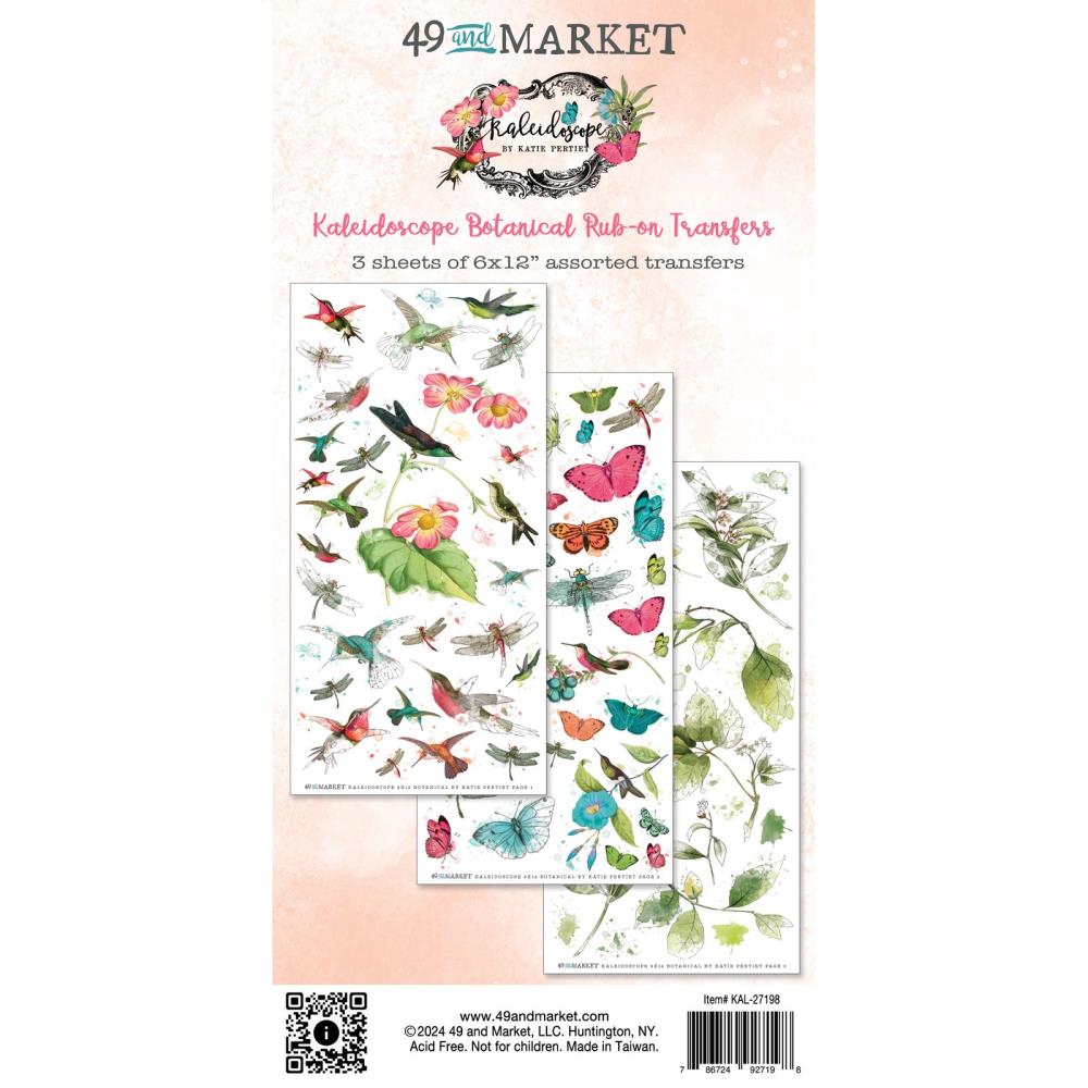 49 And Market - Rub-On Transfer Set - Botanical - Kaleidoscope. The Botanical set is filled with flora and fauna. Beautiful imagery of dragonflies and hummingbirds mixed with botanicals and leaves. Available at Embellish Away located in Bowmanville Ontario Canada.
